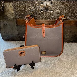 Dooney & Bourke Pebble Leather Messenger Bag with Zip Around Wallet in Elephant